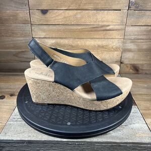 Clarks Women's Size US 9 Annadel Pearl Wedge Sand Black Sandal Comfort Slingback